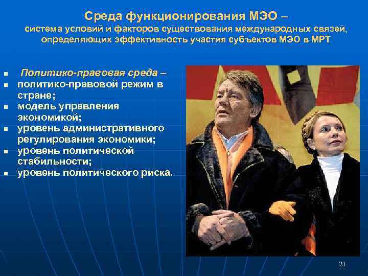 Среда функционирования МЭО – система условий и факторов существования международных связей, определяющих эффективность участия