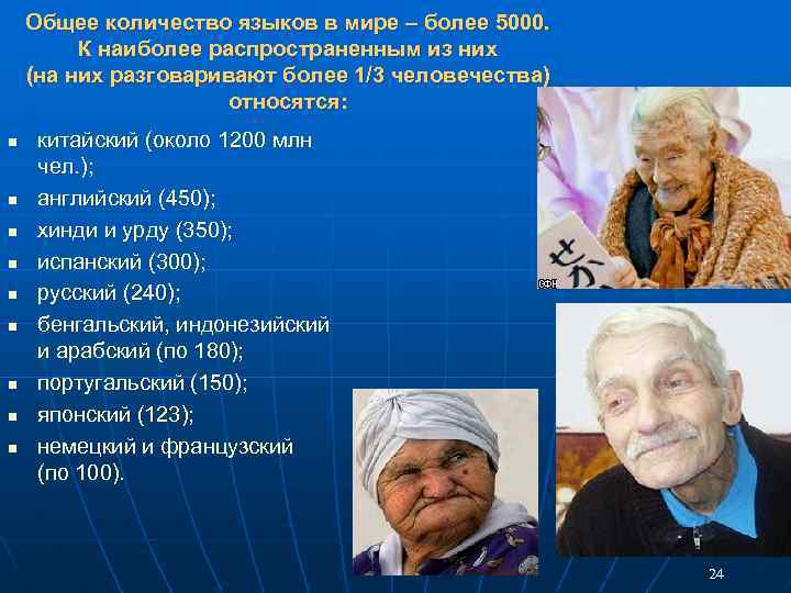 Общее количество языков в мире – более 5000. К наиболее распространенным из них (на