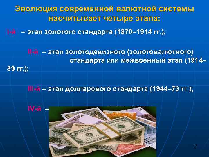 Эволюция современной валютной системы насчитывает четыре этапа: I-й – этап золотого стандарта (1870– 1914