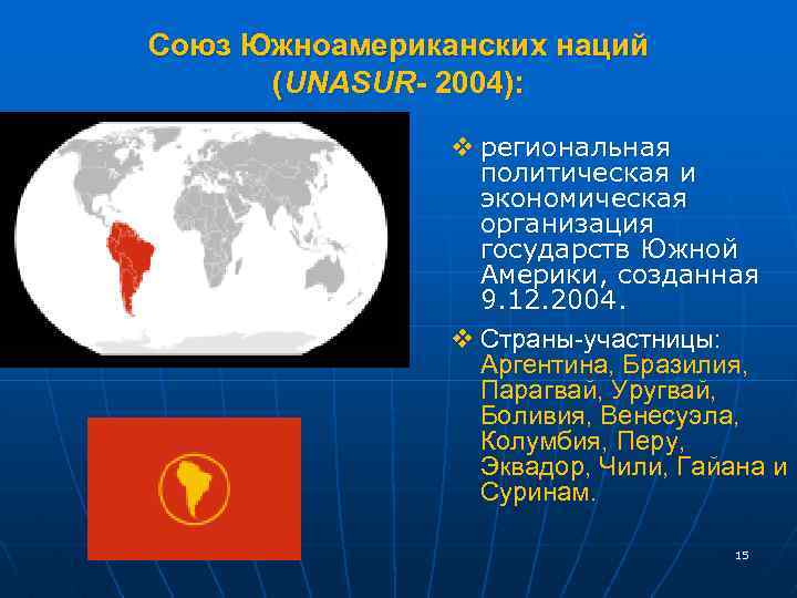Союз Южноамериканских наций (UNASUR- 2004): v региональная политическая и экономическая организация государств Южной Америки,