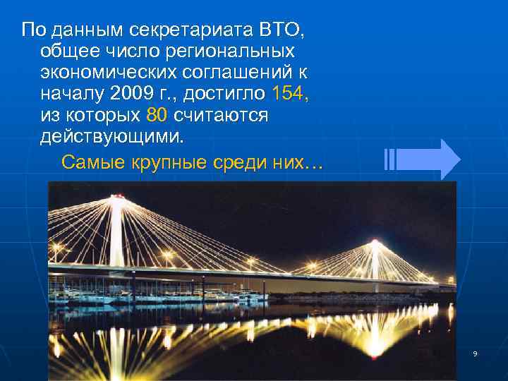 По данным секретариата ВТО, общее число региональных экономических соглашений к началу 2009 г. ,