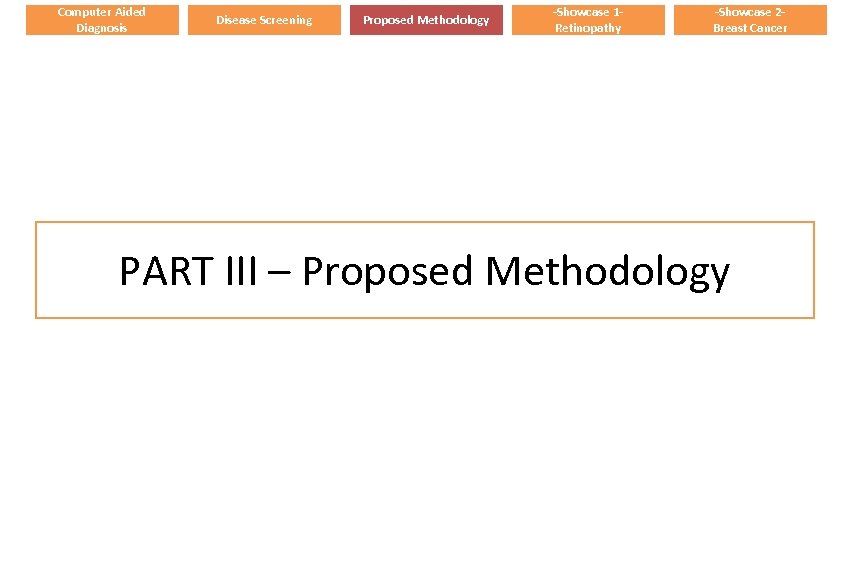 Computer Aided Diagnosis Disease Screening Proposed Methodology -Showcase 1 Retinopathy -Showcase 2 Breast Cancer