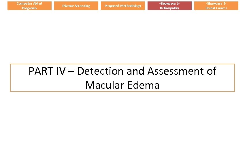 Computer Aided Diagnosis Disease Screening Proposed Methodology -Showcase 1 Retinopathy -Showcase 2 Breast Cancer