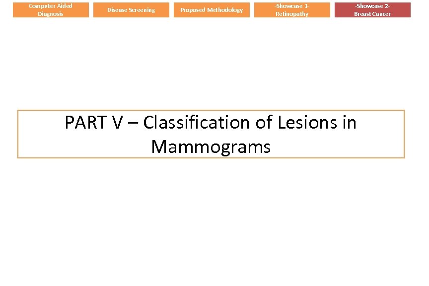 Computer Aided Diagnosis Disease Screening Proposed Methodology -Showcase 1 Retinopathy -Showcase 2 Breast Cancer