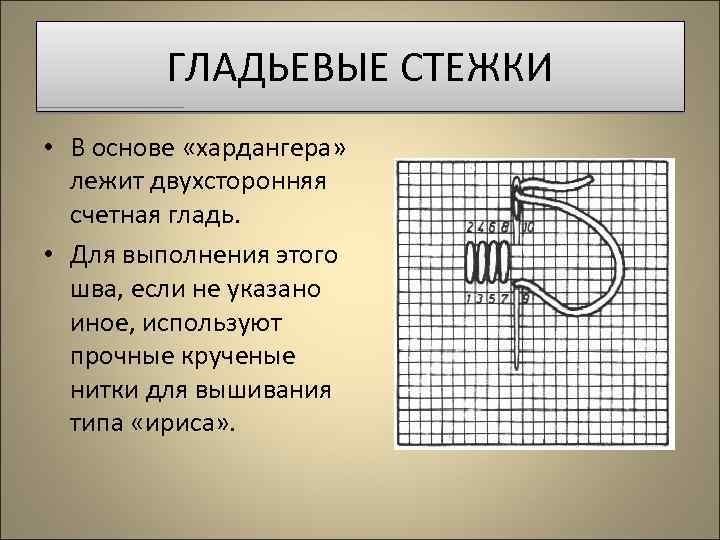 ГЛАДЬЕВЫЕ СТЕЖКИ • В основе «хардангера» лежит двухсторонняя счетная гладь. • Для выполнения этого