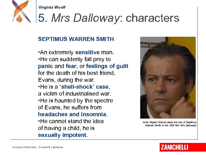 Jonathan Swift Virginia Woolf 5. Mrs Dalloway: characters SEPTIMUS WARREN SMITH • An extremely