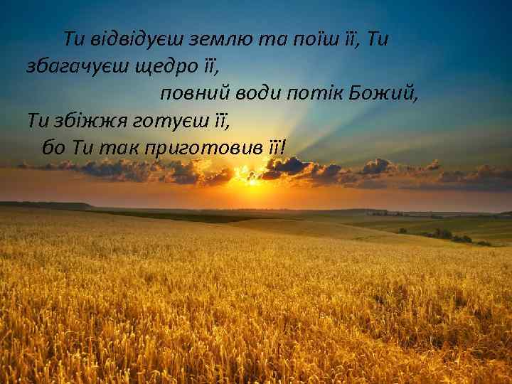 Ти відвідуєш землю та поїш її, Ти збагачуєш щедро її, повний води потік Божий,