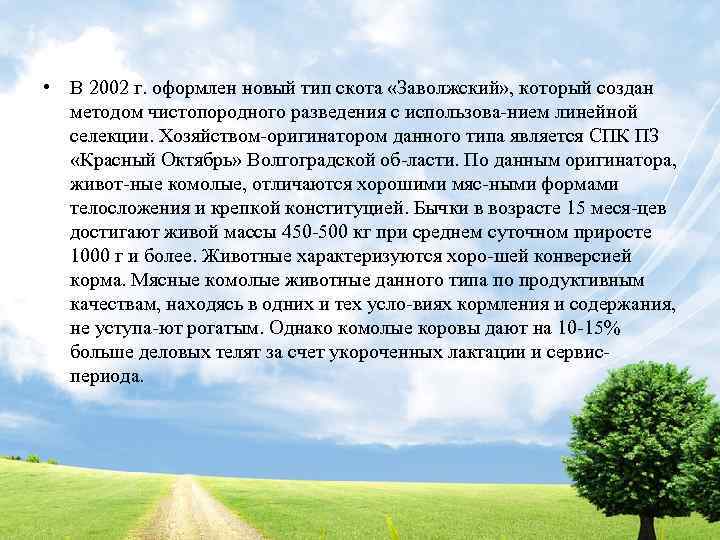  • В 2002 г. оформлен новый тип скота «Заволжский» , который создан методом