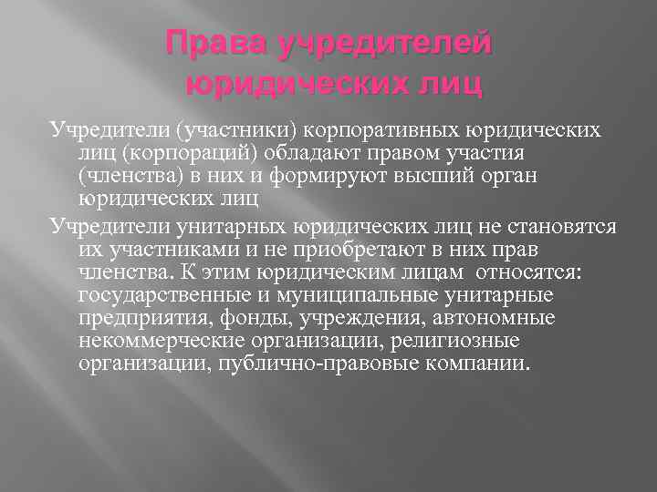 Права учредителей юридических лиц Учредители (участники) корпоративных юридических лиц (корпораций) обладают правом участия (членства)