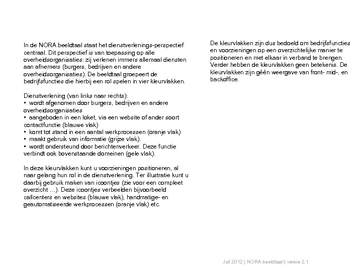 In de NORA beeldtaal staat het dienstverlenings-perspectief centraal. Dit perspectief is van toepassing op