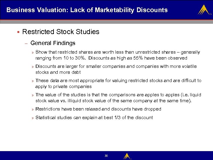 Business Valuation: Lack of Marketability Discounts § Restricted Stock Studies – General Findings »