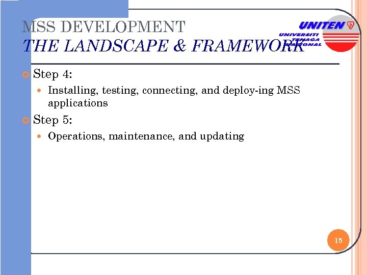 MSS DEVELOPMENT THE LANDSCAPE & FRAMEWORK Step 4: Installing, testing, connecting, and deploy-ing MSS
