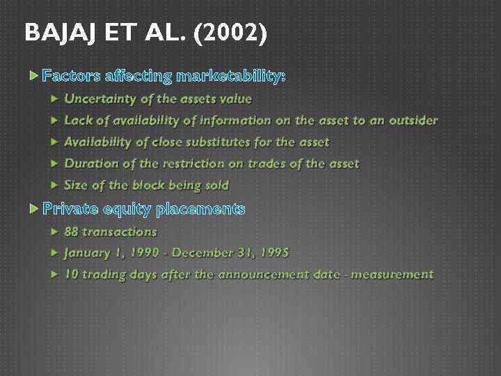 BAJAJ ET AL. (2002) Factors affecting marketability: Uncertainty of the assets value Lack of