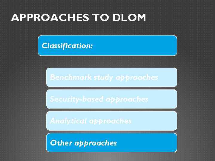 APPROACHES TO DLOM Classification: Benchmark study approaches Security-based approaches Analytical approaches Other approaches 