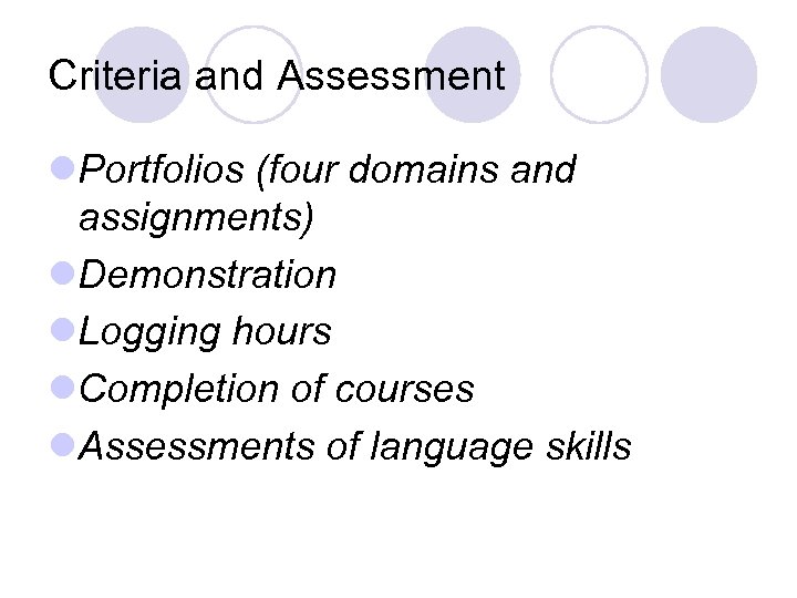 Criteria and Assessment l. Portfolios (four domains and assignments) l. Demonstration l. Logging hours