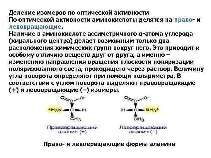 Деление изомеров по оптической активности По оптической активности аминокислоты делятся на право- и левовращающие.