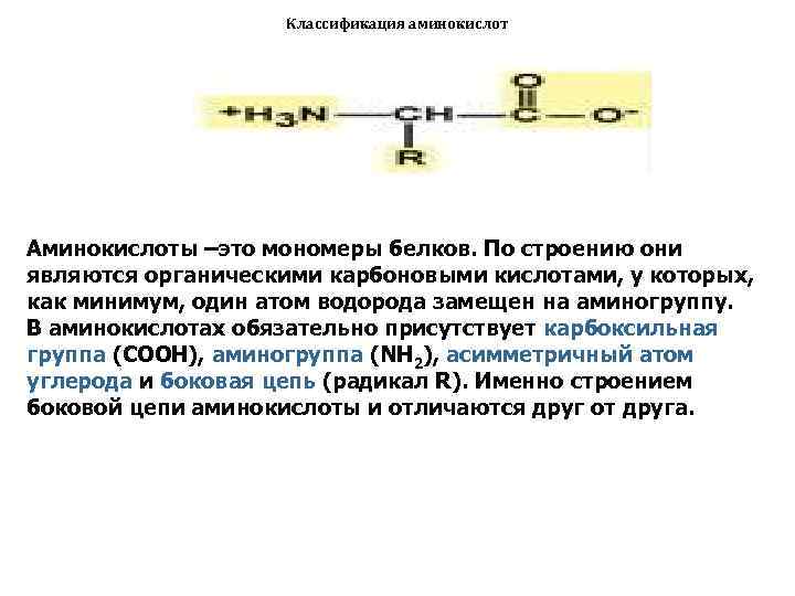 Классификация аминокислот Аминокислоты –это мономеры белков. По строению они являются органическими карбоновыми кислотами, у