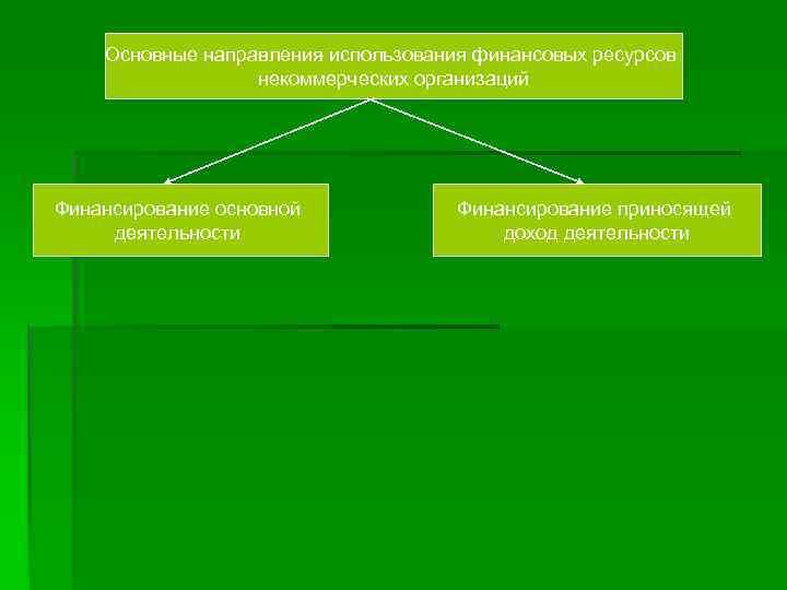 Основные направления использования финансовых ресурсов некоммерческих организаций Финансирование основной деятельности Финансирование приносящей доход деятельности