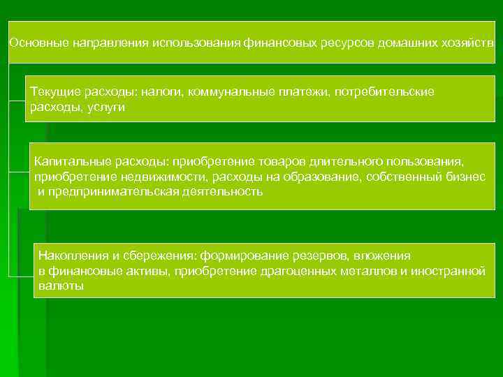 Основные направления использования финансовых ресурсов домашних хозяйств Текущие расходы: налоги, коммунальные платежи, потребительские расходы,