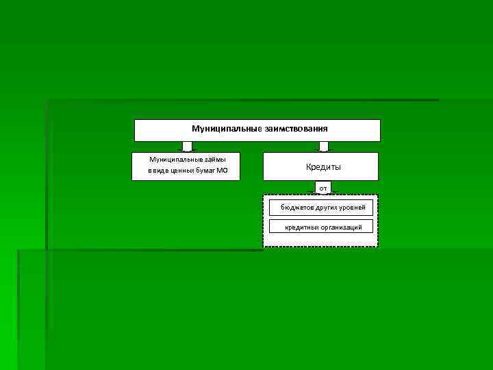 Муниципальные заимствования Муниципальные займы в виде ценных бумаг МО Кредиты от бюджетов других уровней