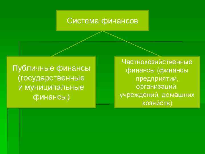 Система финансов Публичные финансы (государственные и муниципальные финансы) Частнохозяйственные финансы (финансы предприятий, организаций, учреждений,