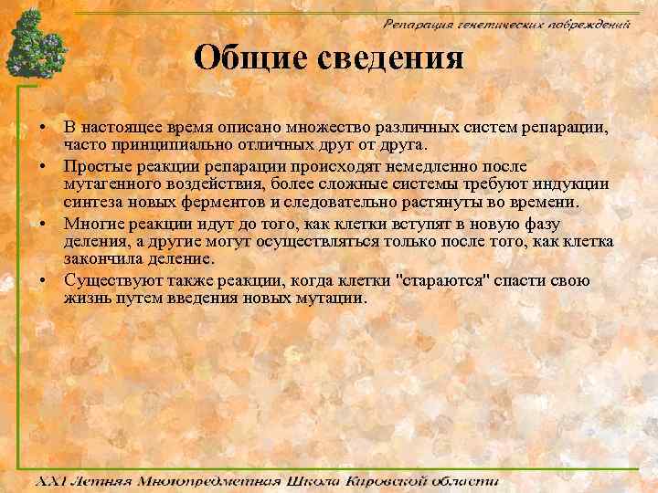 Общие сведения • В настоящее время описано множество различных систем репарации, часто принципиально отличных