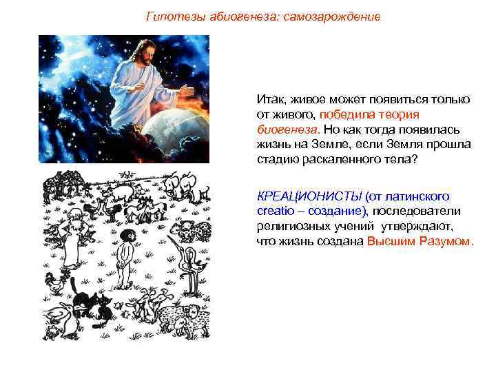 Гипотезы абиогенеза: самозарождение Итак, живое может появиться только от живого, победила теория биогенеза. Но