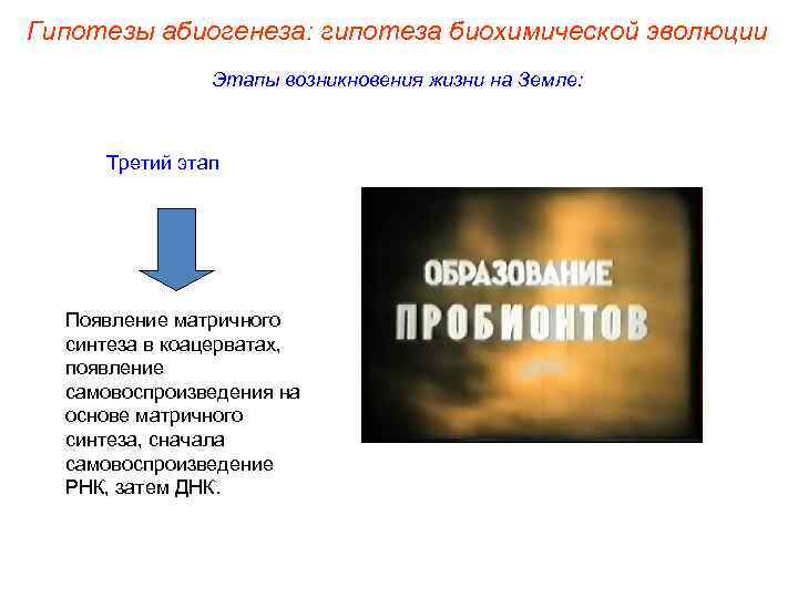 Гипотезы абиогенеза: гипотеза биохимической эволюции Этапы возникновения жизни на Земле: Третий этап Появление матричного