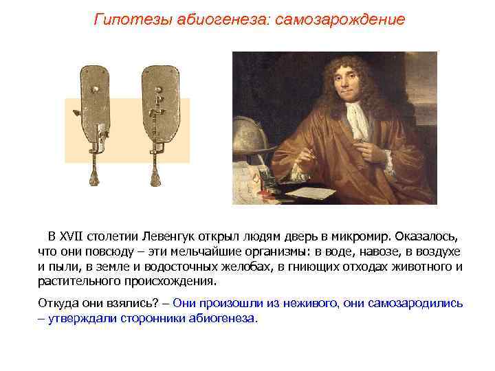 Гипотезы абиогенеза: самозарождение В XVII столетии Левенгук открыл людям дверь в микромир. Оказалось, что