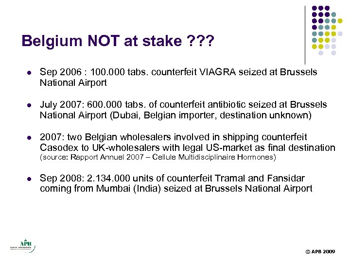 Belgium NOT at stake ? ? ? l Sep 2006 : 100. 000 tabs.