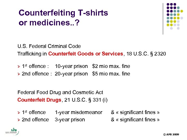 Counterfeiting T-shirts or medicines. . ? U. S. Federal Criminal Code Trafficking in Counterfeit