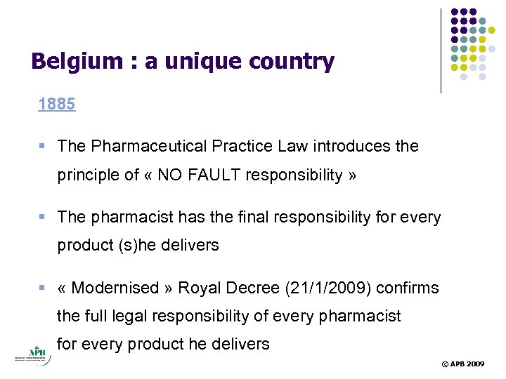 Belgium : a unique country 1885 § The Pharmaceutical Practice Law introduces the principle