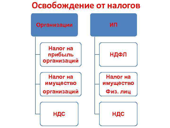 Освобождение от налогов Организации ИП Налог на прибыль организаций НДФЛ Налог на имущество организаций