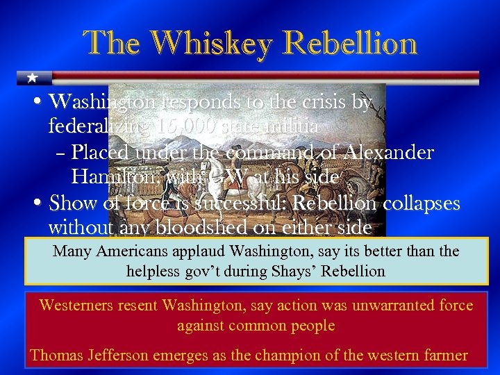 The Whiskey Rebellion • Washington responds to the crisis by federalizing 15, 000 state