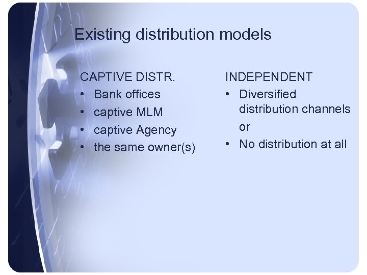 Existing distribution models CAPTIVE DISTR. • Bank offices • captive MLM • captive Agency