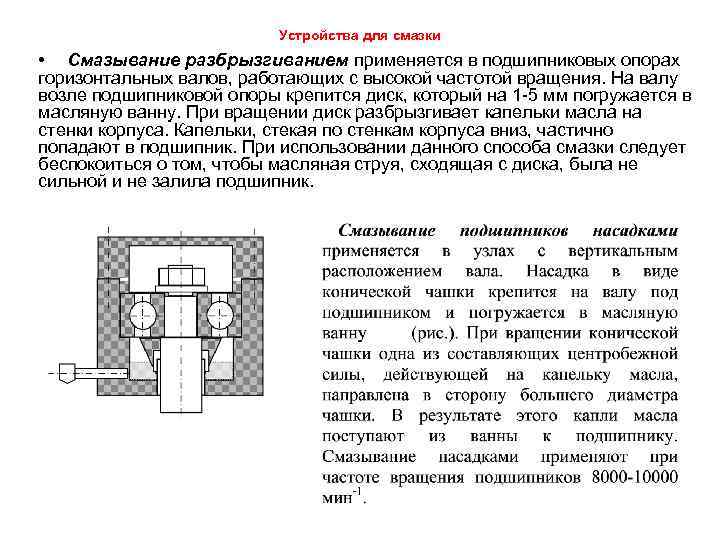 Устройства для смазки • Смазывание разбрызгиванием применяется в подшипниковых опорах горизонтальных валов, работающих с