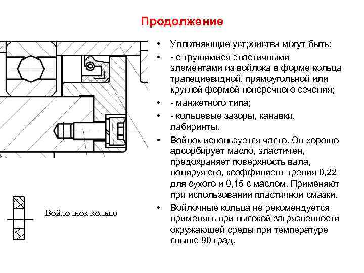 Продолжение • • • Войлочнок кольцо • Уплотняющие устройства могут быть: - с трущимися