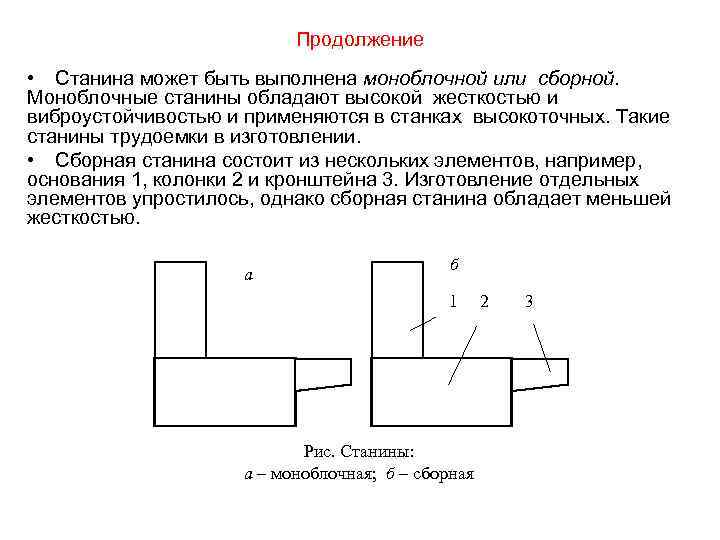 Продолжение • Станина может быть выполнена моноблочной или сборной. Моноблочные станины обладают высокой жесткостью