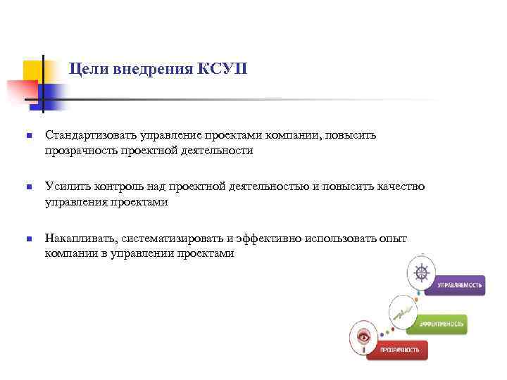 Цели внедрения КСУП n n n Стандартизовать управление проектами компании, повысить прозрачность проектной деятельности