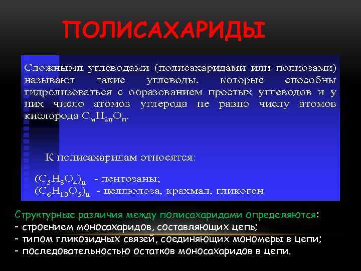 ПОЛИСАХАРИДЫ Структурные различия между полисахаридами определяются: - строением моносахаридов, составляющих цепь; - типом гликозидных