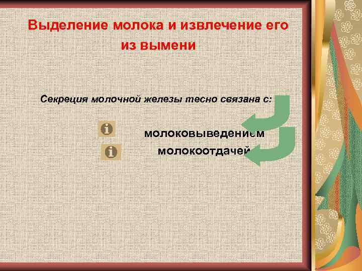 Выделение молока и извлечение его из вымени Секреция молочной железы тесно связана с: молоковыведением