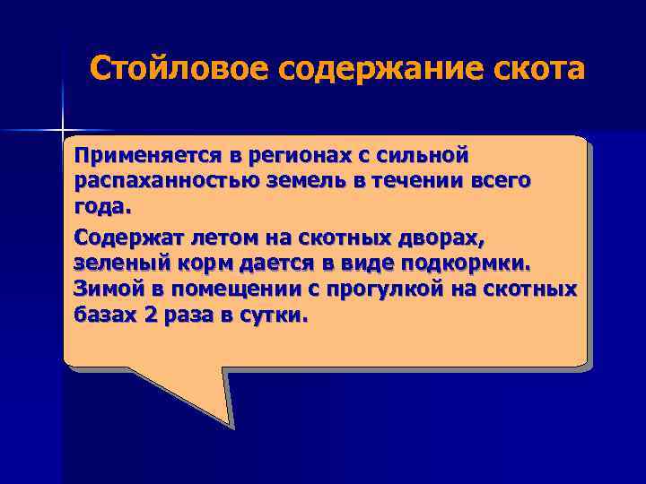  Стойловое содержание скота Применяется в регионах с сильной распаханностью земель в течении всего