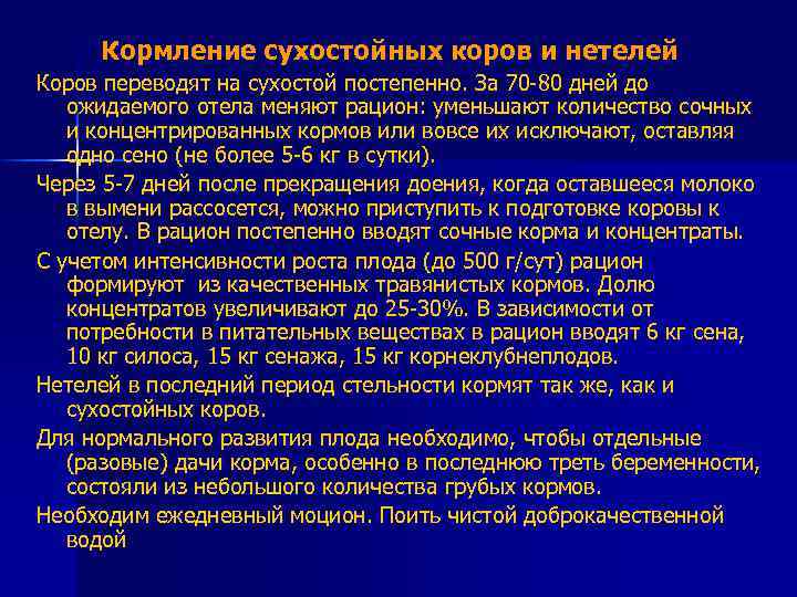 Кормление сухостойных коров и нетелей Коров переводят на сухостой постепенно. За 70 -80 дней