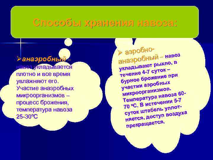 Способы хранения навоза: Øанаэробный – навоз укладывается плотно и все время увлажняют его. Участие