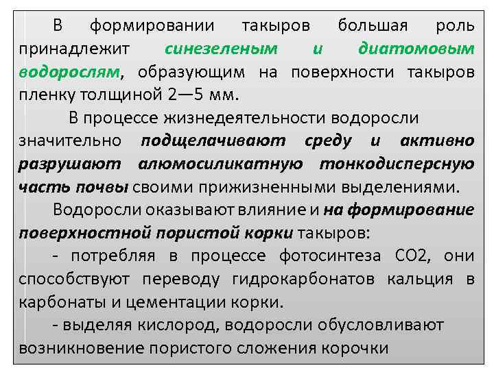 В формировании такыров большая роль принадлежит синезеленым и диатомовым водорослям, образующим на поверхности такыров