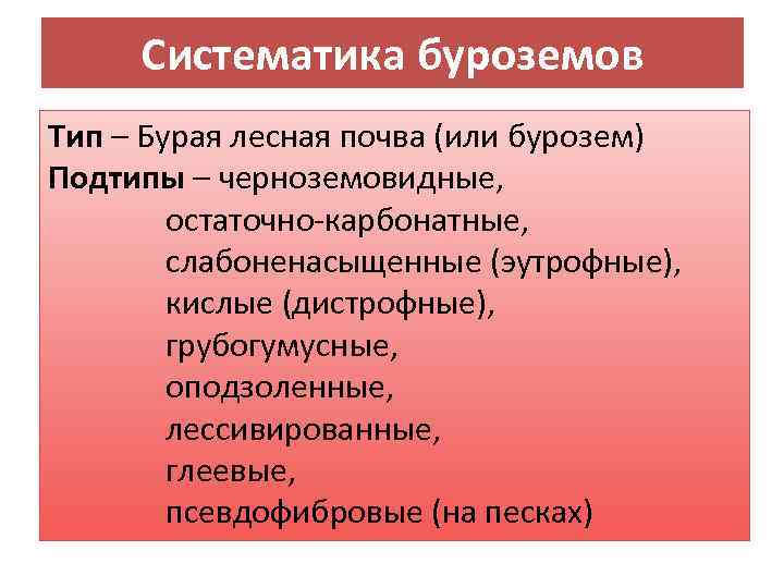 Систематика буроземов Тип – Бурая лесная почва (или бурозем) Подтипы – черноземовидные, остаточно-карбонатные, слабоненасыщенные