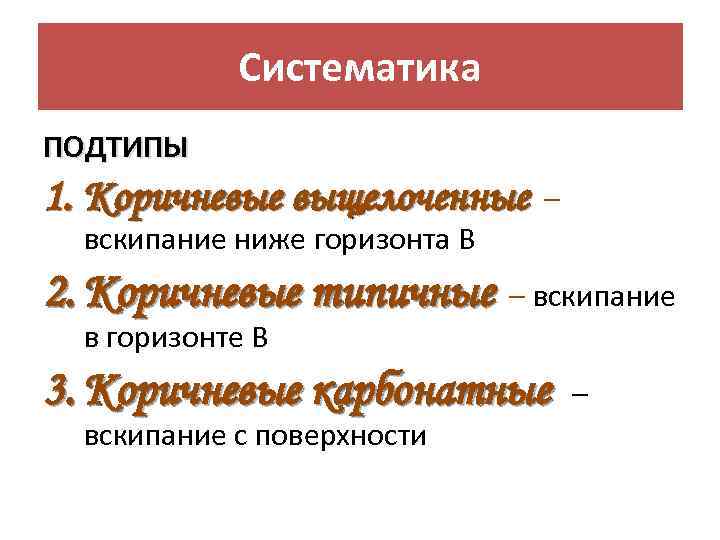 Систематика ПОДТИПЫ 1. Коричневые выщелоченные – вскипание ниже горизонта В 2. Коричневые типичные –