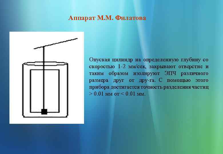  Аппарат М. М. Филатова Опуская цилиндр на определенную глубину со скоростью 1 2