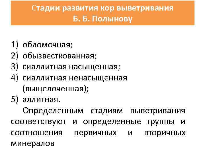 Стадии развития кор выветривания Б. Б. Полынову 1) 2) 3) 4) обломочная; обызвесткованная; сиаллитная