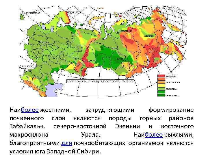 Наиболее жесткими, затрудняющими формирование почвенного слоя являются породы горных районов Забайкалья, северо-восточной Эвенкии и